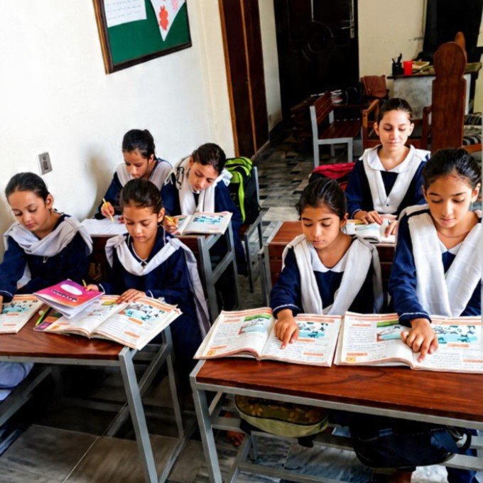 A classroom of engaged young women sitting in rows, wearing white uniforms with braided hair, focused and attentive as sunlight filters through the windows.
